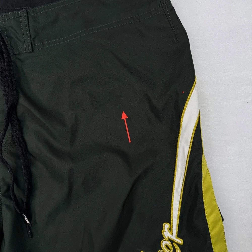 Vintage Quiksilver Boardshorts Mens 36 Olive Green Yellow Surf Swim Y2K Script